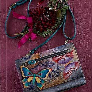 NWT- Anna by Anuschka Two-Fold Butterfly Garden Handpainted Clutch Wallet Bag